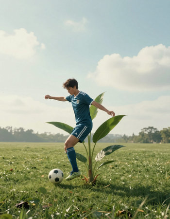 Young boy playing soccer at the field with green grass and blue sky