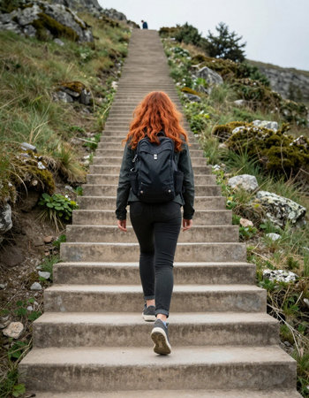 Red-haired woman walking up the stairs at a mountain peak in Irelandの写真素材