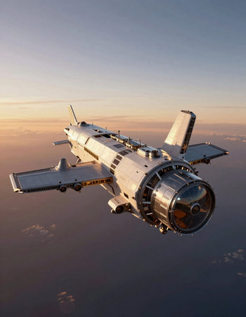 3D rendering of a space ship flying over the clouds at sunset