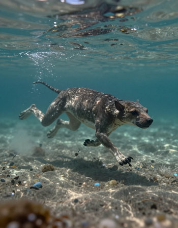 Underwater shot of a dog swimming in shallow water