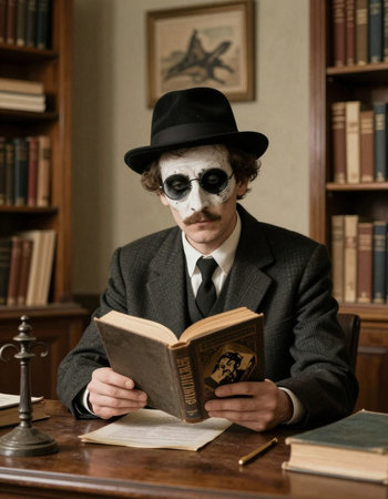 Halloween concept. Mime reading book in the old library.