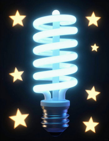 Glowing fluorescent light bulb with stars on dark background. 3D rendering