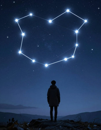 Man looking at the starry sky with a heart sign in the center