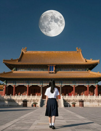 Full moon over the Forbidden City in Beijing, China, asian beauty