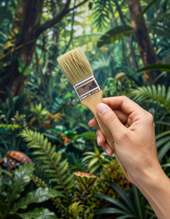 Hand holding a paint brush on a blurred background of tropical garden.