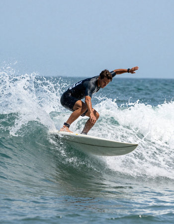 Surfer in action on the ocean wave. Bali island.