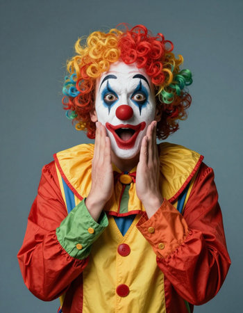 Funny clown with red wig on grey background. Studio shot.