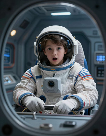 Little boy in spacesuit looking at camera and smiling while playing astronaut