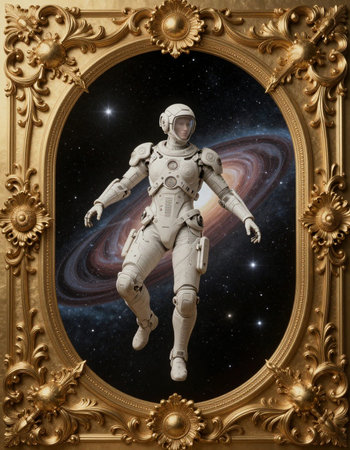 Astronaut in a frame with space background. 3d rendering