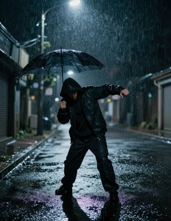 Man in raincoat with umbrella standing on street at rainy night.