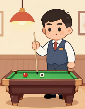 Illustration of a man playing snooker in a pool room
