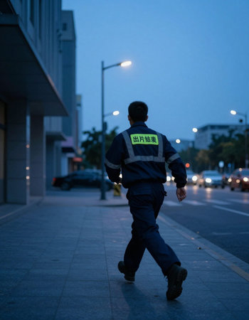 Security guard walking on the street in the evening, back view.の写真素材