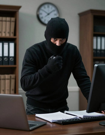 Portrait of a young man in a burglar's mask stealing data from a computer