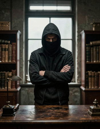 Hooded man in a black hoodie stands at a table in a library.