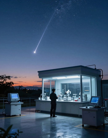 Man looking at a comet in the night sky over a scientific laboratory