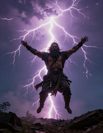 Man with a lightning bolt in the background