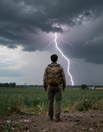 Man with backpack standing in the field and watching a lightning strike.