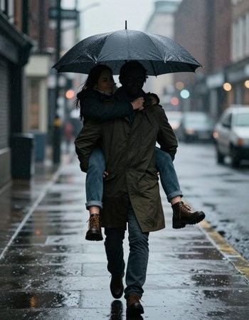 Young couple in love, man and woman, walking in the rain.
