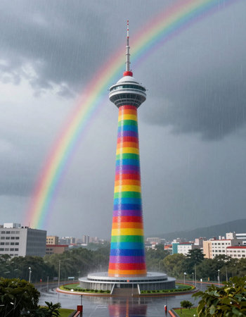 Rainbow and Sky Tower with rain dropsの写真素材