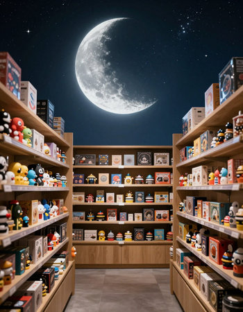 Shelves of children's toys in the store at night.の写真素材