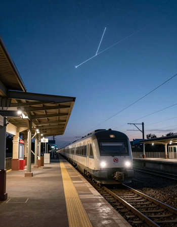 Train leaving the station at night with a comet in the sky.