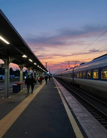 Train at the platform of the railway station in the evening. Sunsetの写真素材