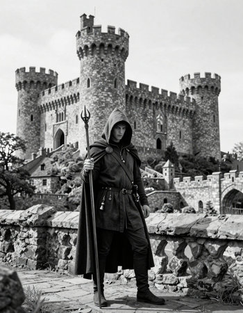 Medieval knight with sword in front of castle. Black and white photo.