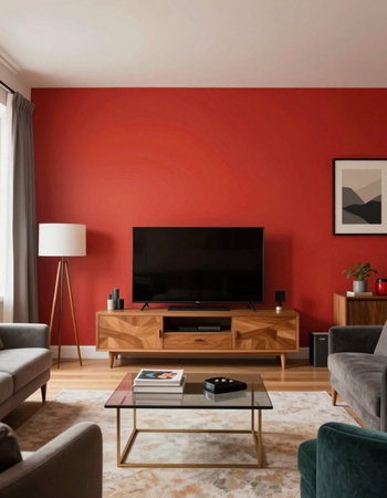 Living room with red wall, TV and coffee table. 3d render