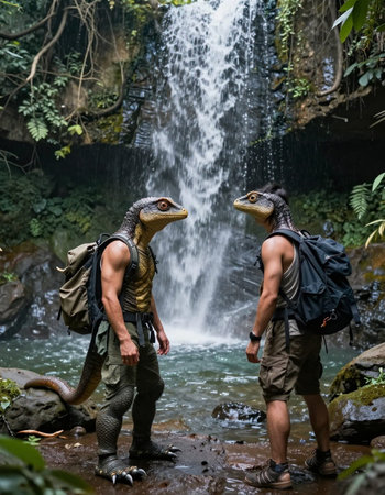 Two individuals with backpacks are standing near a waterfall in the jungle.