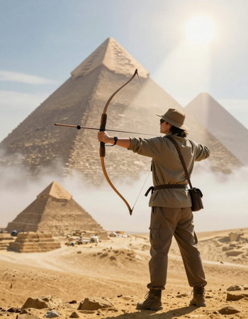 Man with bow and arrow in front of the pyramids of Giza