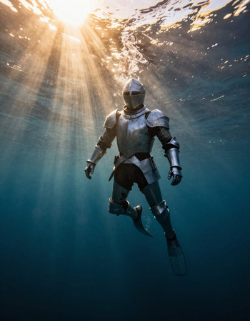 Person in the deep blue sea with sunbeams