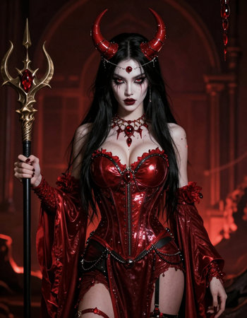 Young woman in red corset with horns and blood on her face