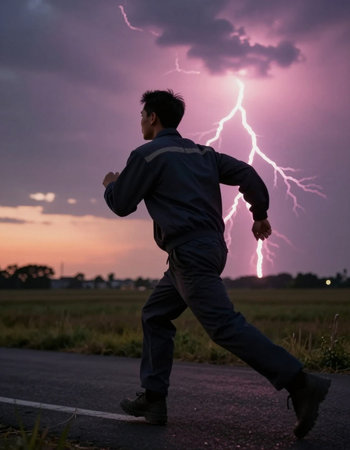 Man running on the road with lightning in the background, back viewの写真素材
