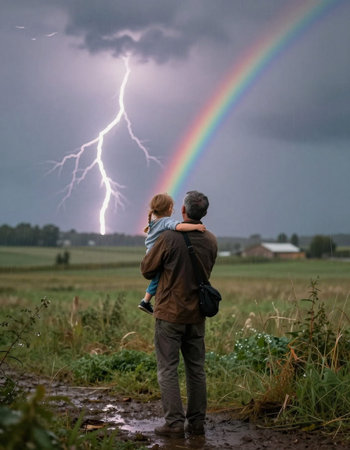 Father and son looking at the rainbow in the stormy sky.の写真素材