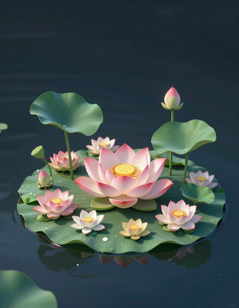 Beautiful lotus flower with green leaves on the water surface.の写真素材