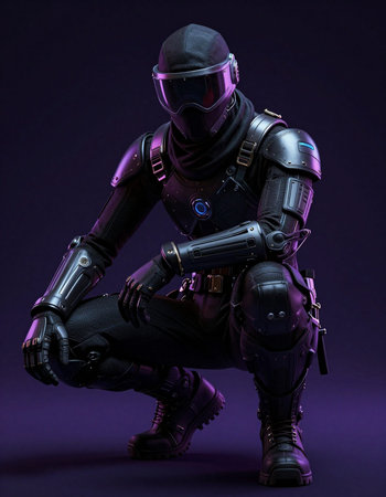 Cyborg in black suit and helmet posing on dark background. Studio shot.の写真素材