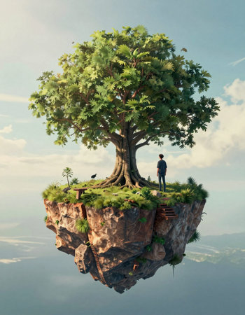 Man standing on top of a green tree floating in the air.