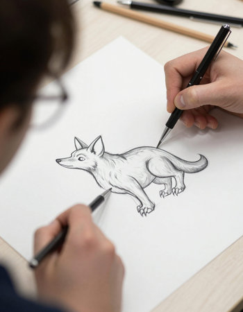 Close-up of a person drawing a fox on a sheet of paperの写真素材