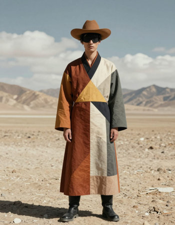 Walking in the middle of the desert, wearing a hat and coat