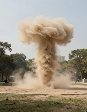 A shot of a bomb explosion in the park. Shallow depth of field.