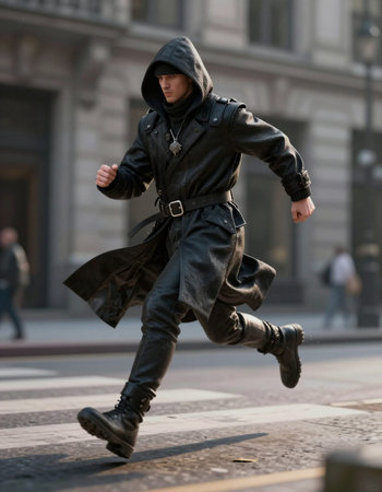 Young man in a black leather jacket with a hood
