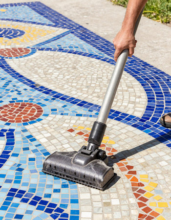 cleaning the tile floor with a vacuum cleaner in the garden.の写真素材