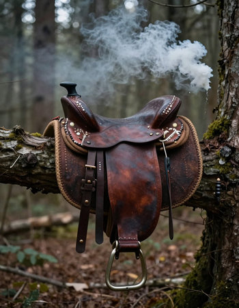 Horse Saddle on a tree in the forest. Vintage style.