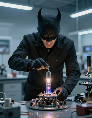 A man in a black mask and black clothes is working on an electronic device in a laboratory