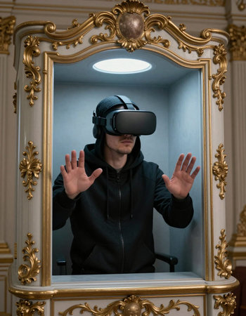 young man in virtual reality headset gesturing while using laptop in office