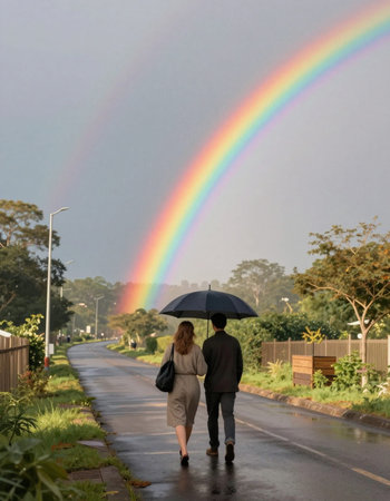 Couple with umbrella walking on the road with rainbow in the background