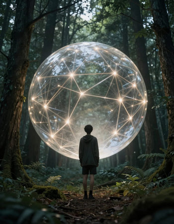 Person standing in the middle of the forest and looking at a glowing sphere
