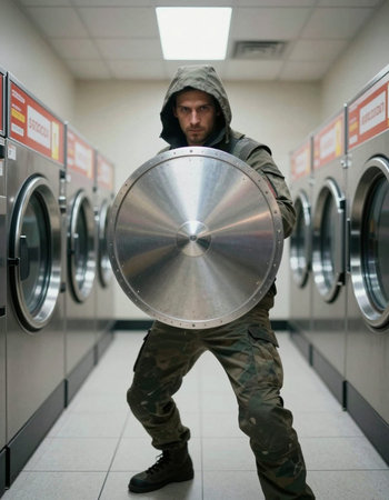 Full length portrait of a young man in a hood standing in front of washing machines