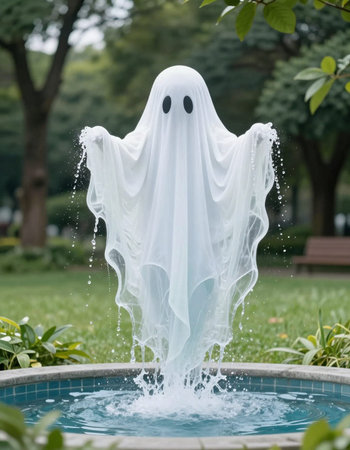 ghost fountain in the garden, halloween concept, copy space