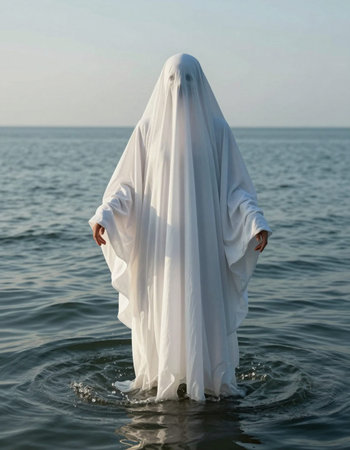 Person in white robe standing in sea water and looking at camera
